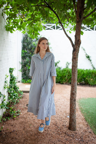 Weekender Belted Caftan - Navy Gingham
