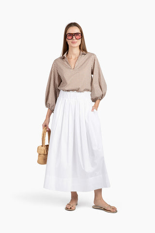 white poplin maxi skirt with brown gingham top