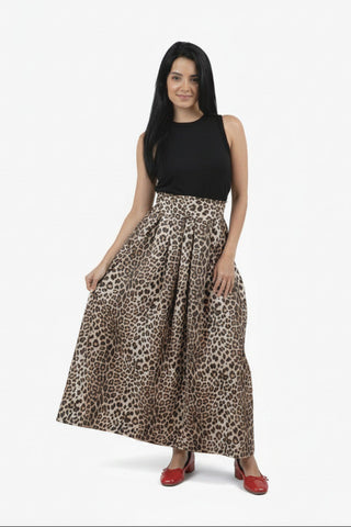 Take Pause Maxi Poplin Skirt - Khaki Leopard