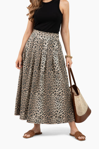 Take Pause Maxi Poplin Skirt - Khaki Leopard
