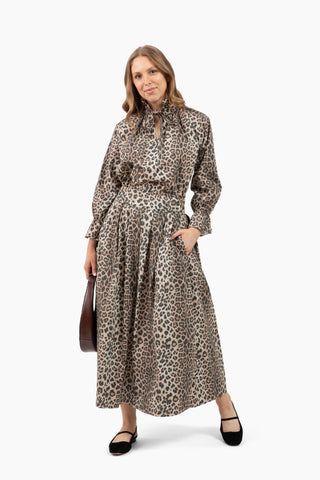 Take Pause Maxi Poplin Skirt - Khaki Leopard