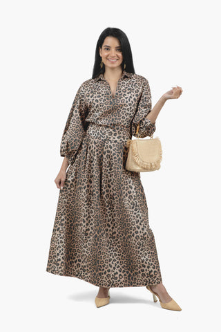 Take Pause Maxi Poplin Skirt - Khaki Leopard