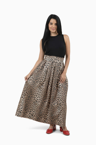 Take Pause Maxi Poplin Skirt - Khaki Leopard
